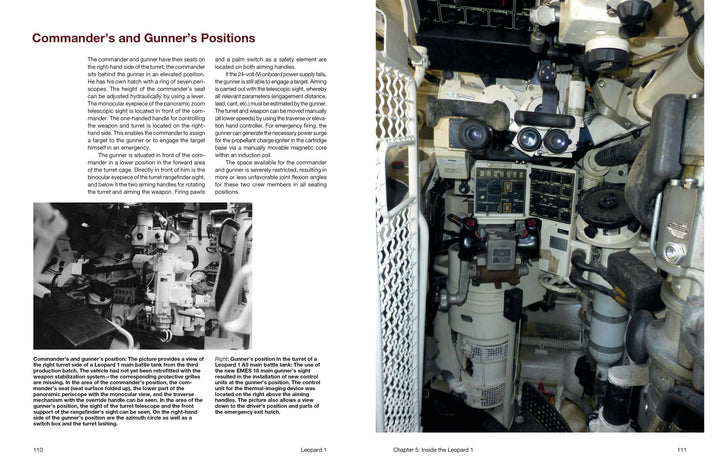 A view inside the Leopard 1 turret from Schiffer Publishing, Ltd. shows commander and gunner controls, switches, screens, handles, and optics amid Cold War-era white and black mechanical and electronic components.