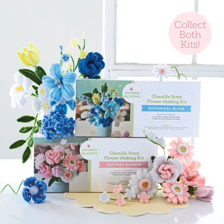 The Bendable Blooms Chenille Stem Flower-Making Kit Botanical Blues by Schiffer Publishing, Ltd. is displayed with blue, pink, and white handmade chenille flowers. A pink circle reads: Collect Both Kits! Create your own DIY flower bouquet today!.