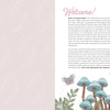 A two-page spread from the Wild & Whimsical Woodland Coloring Book by Schiffer Publishing, Ltd.: a pale pink left page with a white leaf pattern, and a right page with a welcome message and woodland creatures, mushrooms, leaves, and a butterfly.