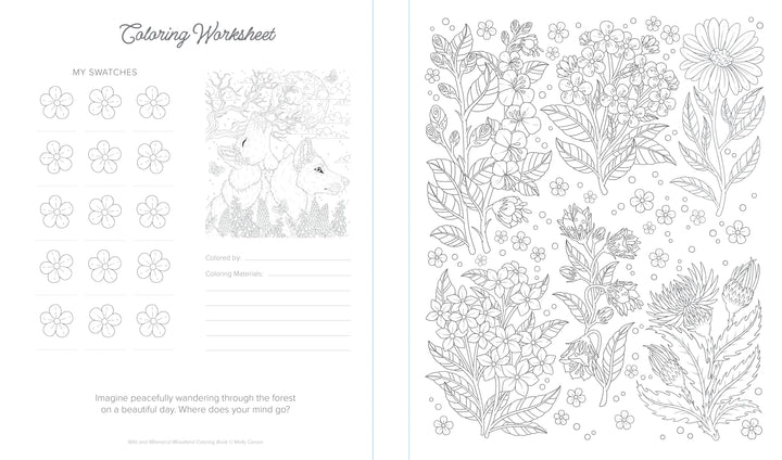 The Wild & Whimsical Woodland Coloring Book by Schiffer Publishing, Ltd. features blank flower swatches, a sketch of two wolves in a forest, and detailed nature patterns with flowers and foliage for coloring.