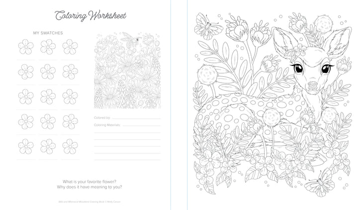 The Wild & Whimsical Woodland Coloring Book by Schiffer Publishing, Ltd. includes a worksheet for flower color swatches and notes, plus a detailed forest scene with a deer among flowers, foliage, and nature patterns.