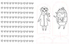 Featuring two cartoon animals in winter clothes standing beside cut-out outlines, the "Christmas Market Crew" by Schiffer Publishing, Ltd. is perfect for papercraft coloring books. On the left, six rows of heart outlines are neatly arranged in a grid, making this delightful black and white illustration ideal for holiday-themed art activities or as a festive addition to any Christmas Market coloring collection.