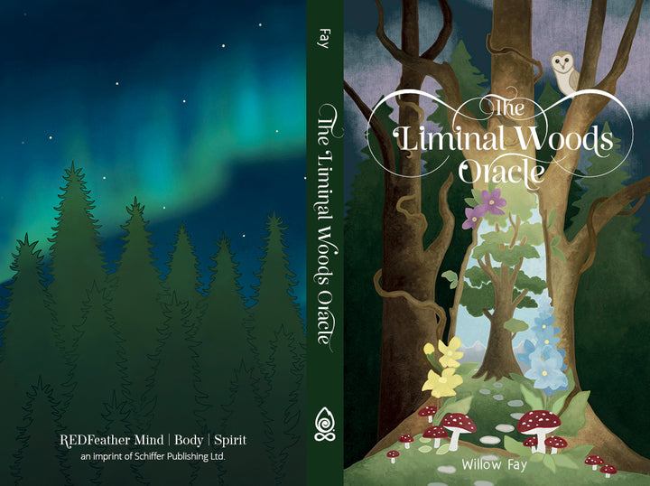 The front cover of The Liminal Woods Oracle by Schiffer Publishing, Ltd. depicts an owl perched on a branch overlooking a forest path lined with mushrooms and flowers. The spine and back display a northern lights sky illuminating dark pine trees, capturing the mystical charm of an enchanted forest.