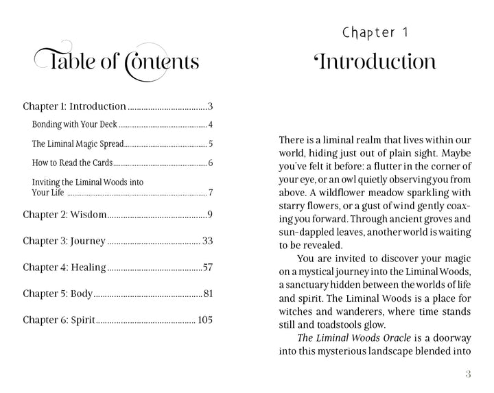 A book spread showcasing the Table of Contents on the left and the opening of Chapter 1, “Introduction,” on the right features evocative text about The Liminal Woods and the discovery of magic. The narrative immerses readers in an enchanted forest, evoking a sense of wonder akin to unveiling cards from The Liminal Woods Oracle by Schiffer Publishing, Ltd.—an invitation to explore realms where secrets blossom and mysteries linger among ancient trees.