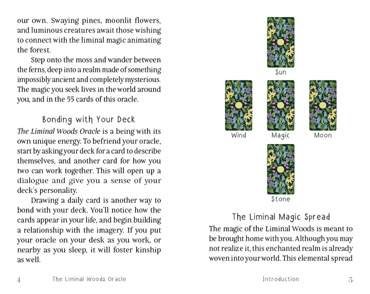 An illustrated book page introduces The Liminal Woods Oracle by Schiffer Publishing, Ltd., featuring four icons—Sun, Wind, Magic, and Moon—that evoke the mysteries of an enchanted forest. A section titled “The Liminal Magic Spread,” accompanied by a crystal illustration, is also included.