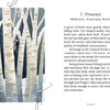 An illustration of birch trees adorned with eye-shaped markings and a bird set in a wintry, enchanted forest accompanies text exploring Presence through awareness and breath, encouraging mindfulness in nature. This is page 23 from the book Wisdom, featured in The Liminal Woods Oracle by Schiffer Publishing, Ltd.—an oracle card deck inviting you to discover the quiet magic of the woods.