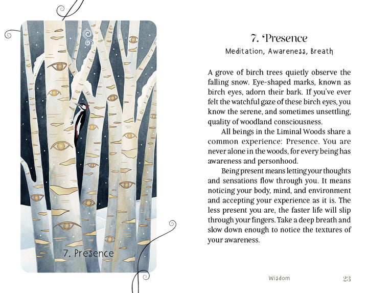 An illustration of birch trees adorned with eye-shaped markings and a bird set in a wintry, enchanted forest accompanies text exploring Presence through awareness and breath, encouraging mindfulness in nature. This is page 23 from the book Wisdom, featured in The Liminal Woods Oracle by Schiffer Publishing, Ltd.—an oracle card deck inviting you to discover the quiet magic of the woods.