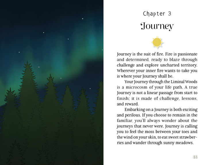 An illustration from The Liminal Woods Oracle by Schiffer Publishing, Ltd. depicts an enchanted forest beneath a night sky illuminated by a green aurora. To the right, text reads “Chapter 3 Journey” beside a sun icon, accompanied by a passage inspired by themes of life’s journey from The Liminal Woods Oracle card deck. The page is marked with the number 33 at the bottom.