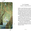 A heron stands in a quiet, green forest pond, encircled by trees and draping willow branches. The tranquil scene evokes peaceful reflection—much like exploring The Liminal Woods Oracle by Schiffer Publishing, Ltd., where emotion and intuition wander freely through an enchanted woodland. Text about emotion appears on the right.