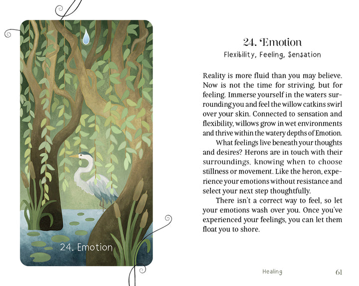 A heron stands in a quiet, green forest pond, encircled by trees and draping willow branches. The tranquil scene evokes peaceful reflection—much like exploring The Liminal Woods Oracle by Schiffer Publishing, Ltd., where emotion and intuition wander freely through an enchanted woodland. Text about emotion appears on the right.