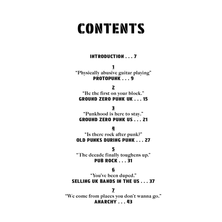 Table of contents for *Punk and New Wave Record Ads* by Schiffer Publishing, Ltd., listing topics like protopunk, ground zero punk, old punks, pub rock, selling UK bands, and anarchy—each with a page number. Bold text and artistic fonts evoke the raw energy of punk and new wave while highlighting the pivotal influence of graphic design in music. Dynamic layouts pay tribute to iconic promotional art used throughout the era.