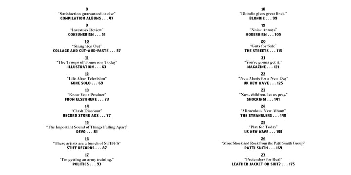 The spread from *Punk and New Wave Record Ads* by Schiffer Publishing, Ltd. features two columns of text: the left column lists topics 8–17, covering punk and new wave influences alongside discussions on the role of graphic design in music, each entry numbered with the band name and page number; the right column continues with topics 18–27, examining themes such as promotional art strategies. The layout utilizes a straightforward design in a mix of bold and regular text.
