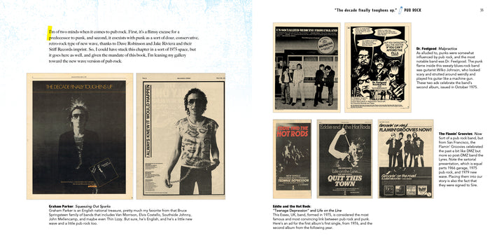 A magazine spread featuring images from Punk and New Wave Record Ads by Schiffer Publishing, Ltd., displays punk-era posters, vintage band advertisements, and striking band photos—including a figure in sunglasses and a tank top. Short descriptions of The Damned and Tom Petty and the Heartbreakers accompany this vibrant layout, which celebrates the influential role of graphic design in music by showcasing iconic promotional art from the worlds of punk and new wave.