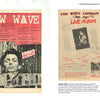 Two pages from Punk and New Wave Record Ads by Schiffer Publishing, Ltd. display vintage punk and new wave album covers, capturing the bold graphic design of that era’s music. On the left is a vibrant red New Wave promotional cover, while the right page presents three black-and-white album images alongside explanatory text and track listings.