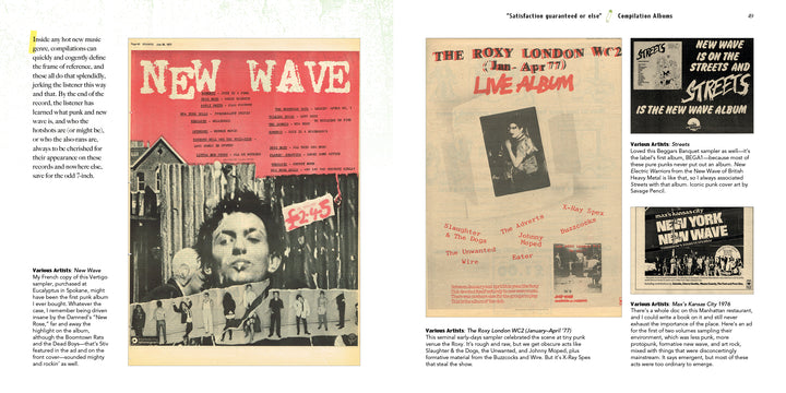 Two pages from Punk and New Wave Record Ads by Schiffer Publishing, Ltd. display vintage punk and new wave album covers, capturing the bold graphic design of that era’s music. On the left is a vibrant red New Wave promotional cover, while the right page presents three black-and-white album images alongside explanatory text and track listings.