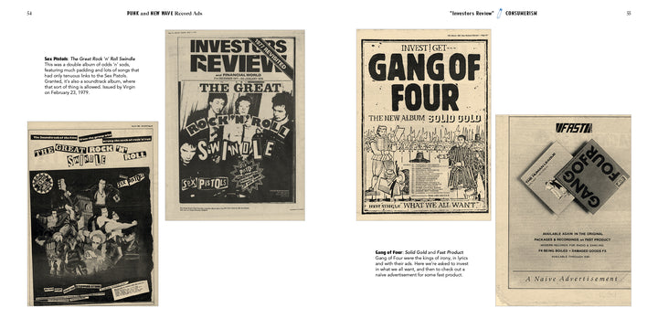 Four vintage black-and-white “Punk and New Wave Record Ads” by Schiffer Publishing, Ltd. showcase striking promotional art and dynamic graphic design for music icons—including The Great Rock N Roll Swindle, Gang of Four, and Wasted—arranged across two open pages of a magazine spread.