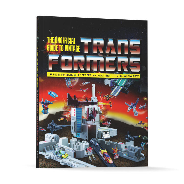 Book cover of Unofficial Guide to Vintage Transformers by Schiffer Publishing, Ltd., showing Transformers action figures and collectibles battling with spaceships and a futuristic base on a red and black cosmic background.