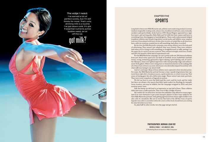 A female figure skater in coral spins on the ice, smiling at the camera. Beside her: “got milk?”—a nod to pop culture and sports in Schiffer Publishing, Ltd.’s Milk Mustache. The next page opens with “SPORTS.”.