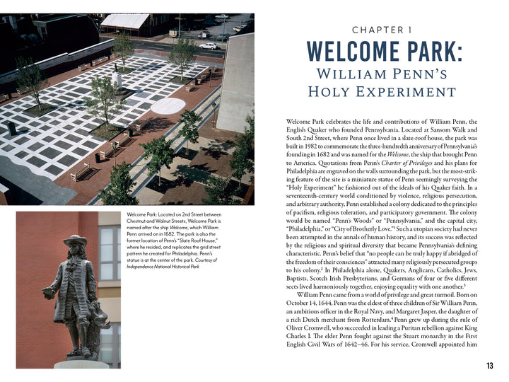 Independence National Historical Park features a spacious plaza with patterned paving, benches, and landscaping between brick buildings, reflecting early American history—captured by Schiffer Publishing, Ltd.