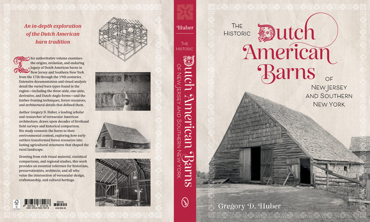 The cover of The Historic Dutch American Barns of New Jersey and Southern New York by Schiffer Publishing, Ltd. features a sepia photo and line drawings of barns, highlighting vernacular architecture on a pinkish background.