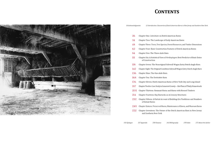 A black-and-white photo shows the interior of a barn with beams, tools, and barrels. Next to it is a table of contents for "The Historic Dutch American Barns of New Jersey and Southern New York" by Schiffer Publishing, Ltd.