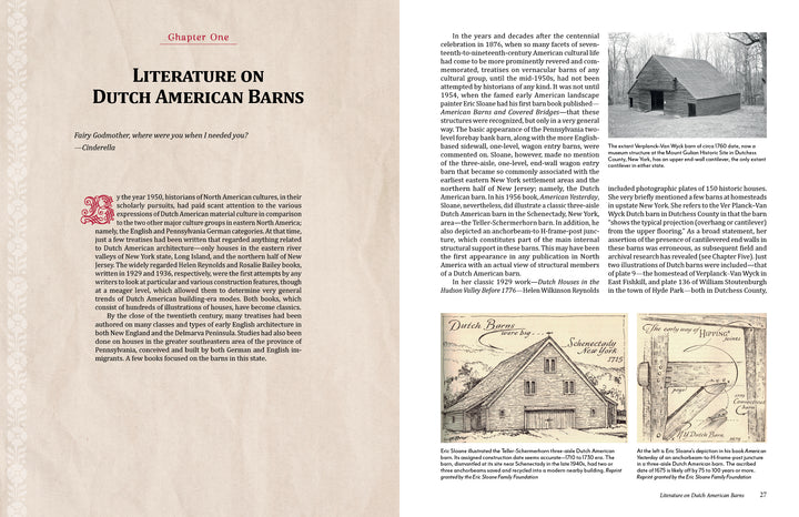 Two pages from "The Historic Dutch American Barns of New Jersey and Southern New York" by Schiffer Publishing, Ltd. show Chapter One with text, decorative elements, and images illustrating vernacular architecture and historic NJ barns.