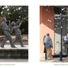Left: Bronze statues of musicians play in Louis Armstrong Park. Right: A street brass band performs as a man proposes amid bubbles—scenes from "New Orleans" by Schiffer Publishing, Ltd.