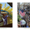 Left: A vibrant, feathered Mardi Gras float with a smiling performer. Right: Crowded Bourbon Street and a marching band, showcased in "New Orleans" by Schiffer Publishing, Ltd.