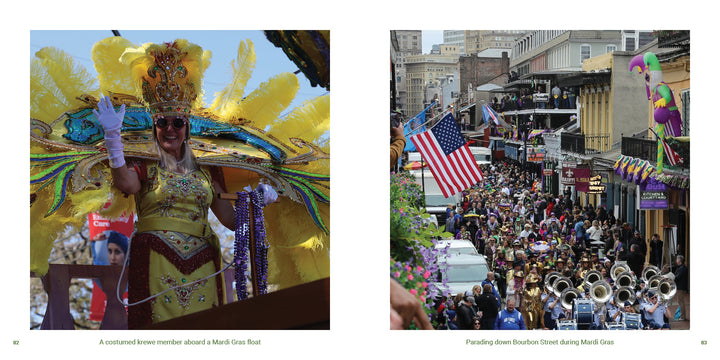 Left: A vibrant, feathered Mardi Gras float with a smiling performer. Right: Crowded Bourbon Street and a marching band, showcased in "New Orleans" by Schiffer Publishing, Ltd.