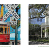 Left: A red streetcar rolls past a crossing sign in daylight. Right: A grand white house with columns and greenery stands under trees—ideal for "New Orleans" by Schiffer Publishing, Ltd.