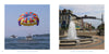 Left: A parasail prepares to lift off from a boat on Lake Erie, part of Shores & Islands Ohio. Right: A fountain splashes in a sunlit plaza with historic buildings and an archway in downtown Sandusky.