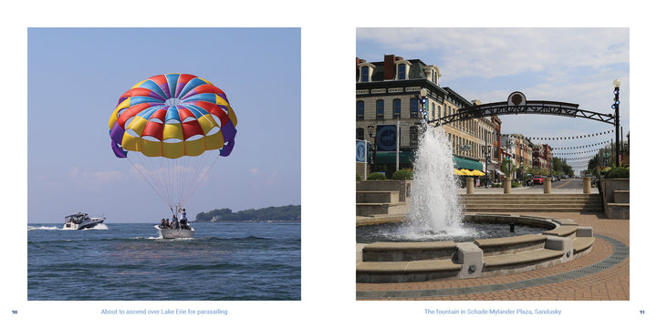 Left: A parasail prepares to lift off from a boat on Lake Erie, part of Shores & Islands Ohio. Right: A fountain splashes in a sunlit plaza with historic buildings and an archway in downtown Sandusky.