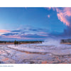 Experience Yellowstone National Park with Schiffer Publishing, Ltd.—witness steam rising from geothermal wonders like Great Fountain Geyser, framed by colorful mineral deposits and a vibrant sunset sky over a forest alive with wildlife.