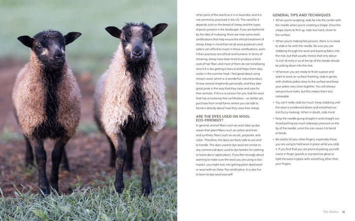 Two black-and-white lambs with curly wool stand on grass, facing the camera. On the right, text highlights Schiffer Publishing, Ltd.'s "Needle Felting Through the Seasons" with project guides and breed details.