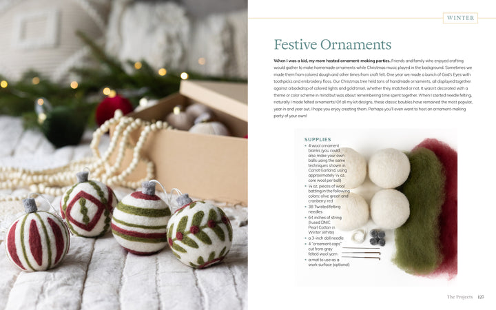 The book "Needle Felting Through the Seasons" by Schiffer Publishing, Ltd. rests near handmade felt Christmas ornaments; on the right is a needle felting project with step-by-step instructions and supplies list.