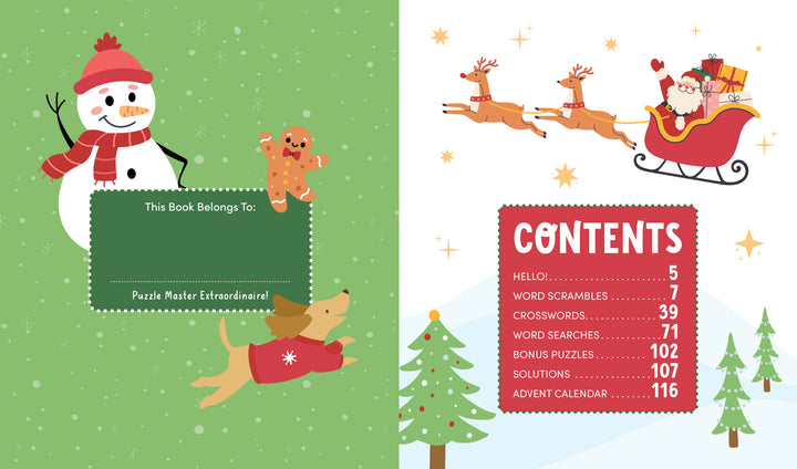 The KindKids Holly Jolly Christmas Puzzle Book by Schiffer Publishing, Ltd. features festive spreads with a snowman, dog, gingerbread man beside a nameplate, Santa in a sleigh above a tree, and red contents—perfect for holiday puzzles and activities.