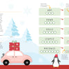 The KindKids Holly Jolly Christmas Puzzle Book by Schiffer Publishing, Ltd. features a dog pulling a pink car with presents, snow-covered trees, and a penguin. Festive puzzles and word scrambles appear on the right in green boxes with holiday decorations.
