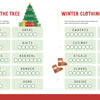 The KindKids Holly Jolly Christmas Puzzle Book by Schiffer Publishing, Ltd. features a festive word scramble with sections Trimming the Tree and Winter Clothing, including holiday and clothing words with answer circles.
