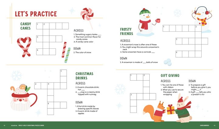 The KindKids Holly Jolly Christmas Puzzle Book from Schiffer Publishing, Ltd. features festive puzzles with candy canes, holiday drinks, snowmen, mugs, snowballs, squirrels exchanging gifts, and more for a fun holiday activity!.