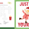 The KindKids Holly Jolly Christmas Puzzle Book by Schiffer Publishing, Ltd. features a Christmas movie crossword with snowman and popcorn art, plus a festive elf dancing by bold red text: JUST BE YOUR-ELF.