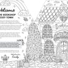 Discover a coloring page spread from A Day in Cozy Town: The Bookshop Coloring and Sticker Book by Schiffer Publishing, Ltd. On the left, inviting introductory text welcomes you to a delightful bookstore adventure, while the right side showcases a detailed line-art illustration of an adorable cottage-style bookshop with books displayed in the windows—an ideal treat for fans of bookshop-themed coloring activities.