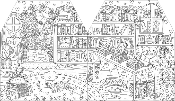 Black and white illustration from A Day in Cozy Town: The Bookshop Coloring and Sticker Book by Schiffer Publishing, Ltd., featuring shelves of books, heart-shaped decor, a round rug, an OPEN sign, potted plants, and a table with books and treats—perfect for fans of bookstore adventures or anyone who loves charming bookshops.