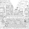 Explore the whimsical world of A Day in Cozy Town: The Bookshop Coloring and Sticker Book by Schiffer Publishing, Ltd. This black-and-white illustration captures a charming book fair scene filled with bookshelves, plants, patterned rugs, string lights, inviting signs, and a sleepy cat nestled on a cushion. Decorated with hearts and stars, it’s the perfect setting for fans of bookstore adventures or anyone who loves creating their own cozy bookshop masterpiece.