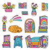 Discover “A Day in Cozy Town: The Bookshop Coloring and Sticker Book” by Schiffer Publishing, Ltd., featuring a delightful collection of whimsical stickers—flowers, books, a sleeping dog, a window, shooting stars, and the charming Late Night Reads sign—all illustrated in vibrant pinks, blues, yellows, and purples—perfect for adding bookstore-inspired adventure to your day.
