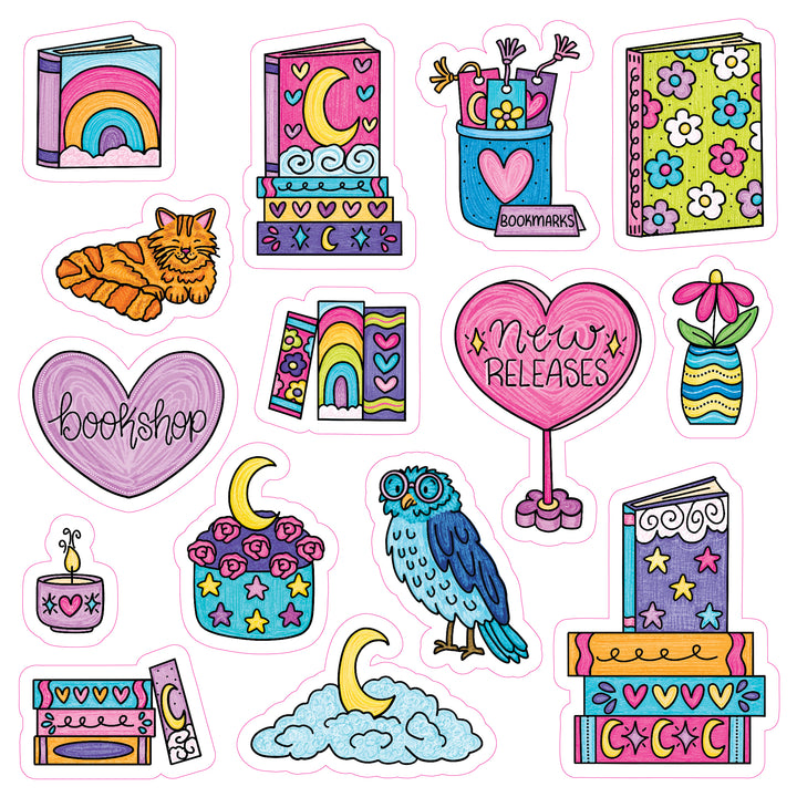 Discover vibrant, whimsical stickers inspired by A Day in Cozy Town: The Bookshop Coloring and Sticker Book from Schiffer Publishing, Ltd., featuring colorful illustrations of books, a cat, an owl, a vase with a flower, hearts, a rainbow, cupcakes, a candle, and a “New Releases” balloon—perfect for your own imaginative bookstore adventure.