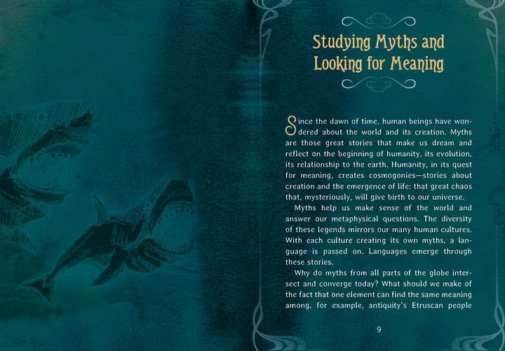 A page from an Oracle of the Mythical Ocean deck titled Studying Myths and Looking for Meaning, featuring a paragraph on the purpose of myths alongside illustrations of sharks.