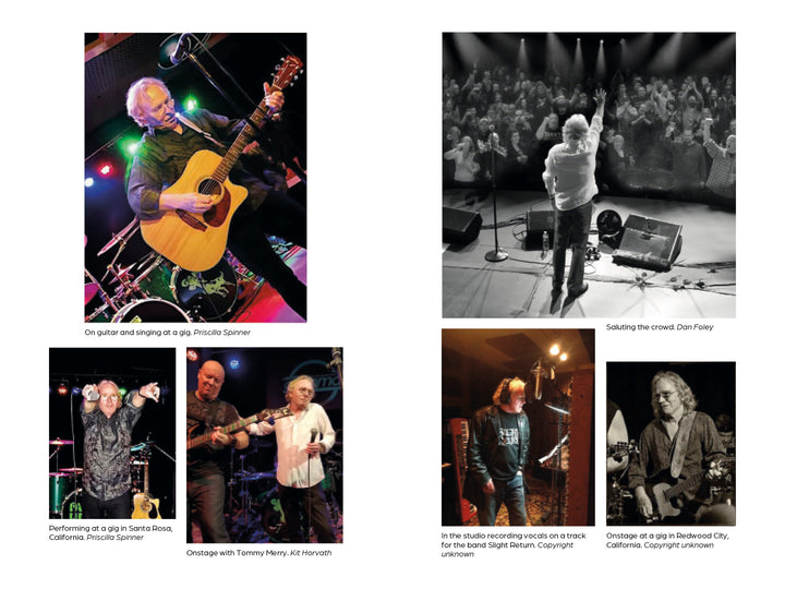 Six photos from Rock ’n’ Roll Slum Kid by Schiffer Publishing, Ltd. capture musicians singing, playing guitar, and recording in the studio—some with crowds, showcasing diverse settings and lighting styles.