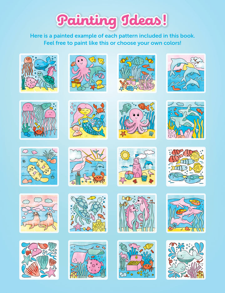 A vibrant grid of cartoon-style ocean and nature scenes—including sea animals, mermaids, dolphins, unicorns, fish, and flowers—displayed as painting ideas on a blue background provides perfect inspiration for the I Heart Art Ocean Friends Watercolor Paint Pad by Schiffer Publishing, Ltd., an ideal choice for kids’ mess-free art projects.