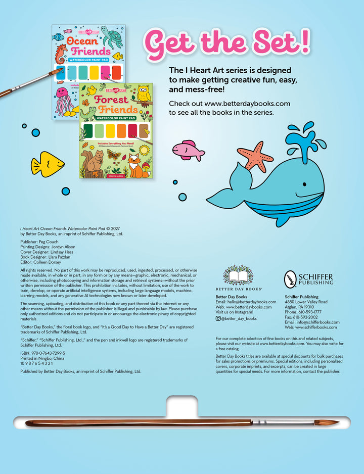 Two colorful kids’ watercolor paint pads from Schiffer Publishing, Ltd., titled Ocean Friends Watercolor Paint Pad, are displayed on a light blue background. The covers feature cute cartoon animals—including a whale—and a cheerful paintbrush at the bottom. This mess-free art kit offers vibrant illustrations and easy-to-use pages, making it the perfect ocean-themed painting book for creative kids. Text highlights the delightful ocean adventures awaiting inside each pad.