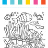 Discover the “I Heart Art Ocean Friends Watercolor Paint Pad” from Schiffer Publishing, Ltd.—a delightful black-and-white illustration of an underwater scene with five fish, coral, seaweed, a starfish, shells, and bubbles. Perfect for any kids’ watercolor paint pad or mess-free art kit! Six vibrant color squares are displayed at the top of the page.